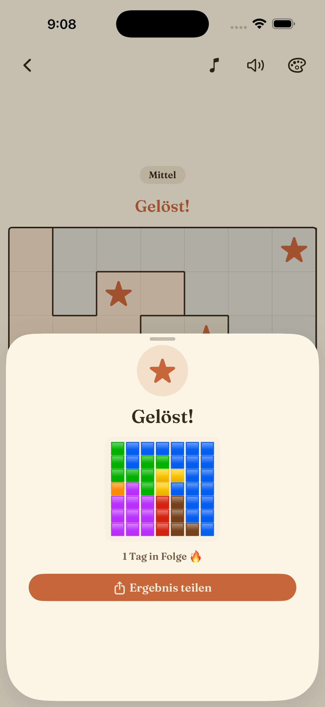 A solved daily puzzle with the share card