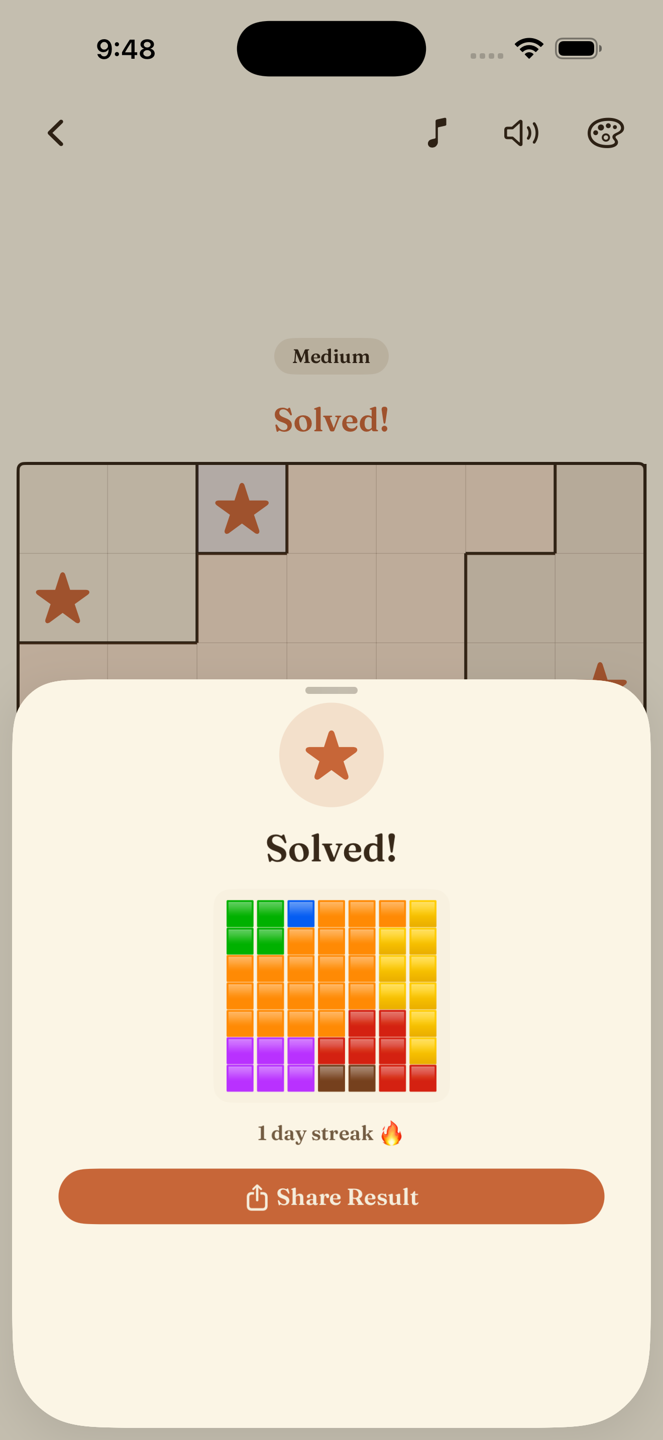 A solved daily puzzle with the share card