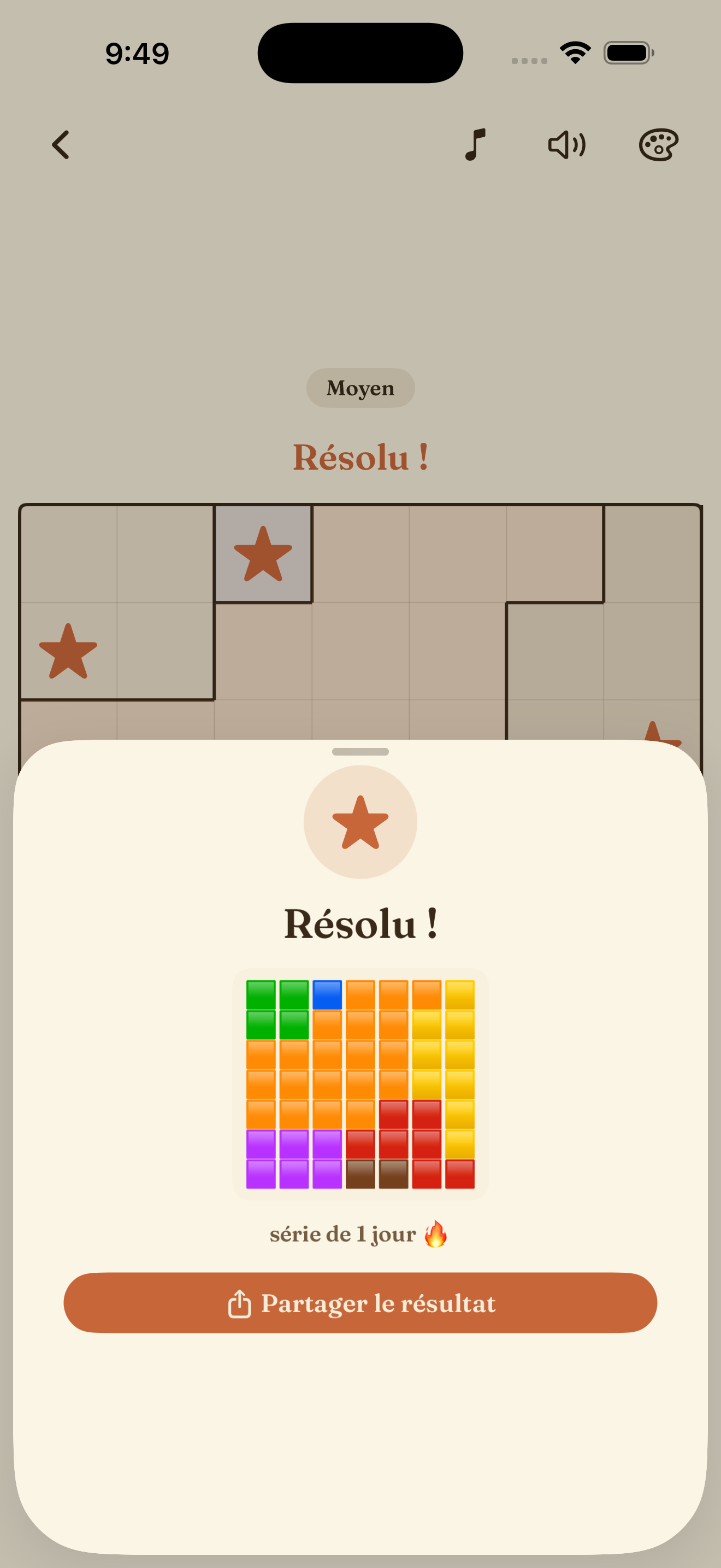 A solved daily puzzle with the share card