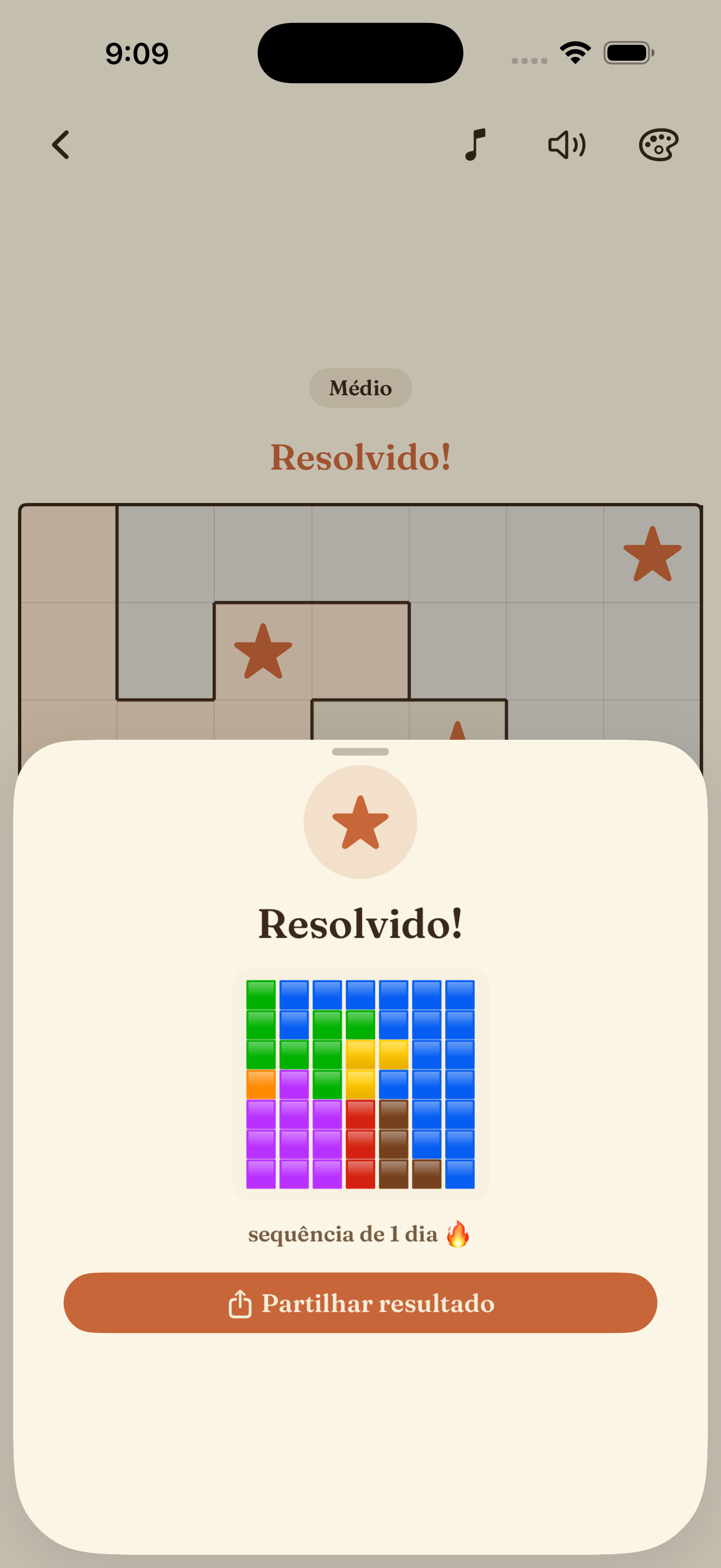 A solved daily puzzle with the share card